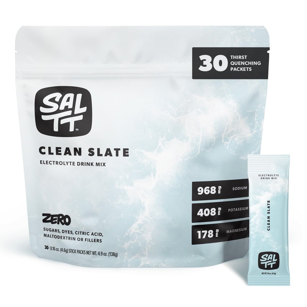 SALTT 电解质 粉末不味饮料 混合剂 - 清洁板块 - 30个水解包 - 镁,钾,钠,痕量矿物 - 零糖和葡萄糖 免费 - 旅行必需品