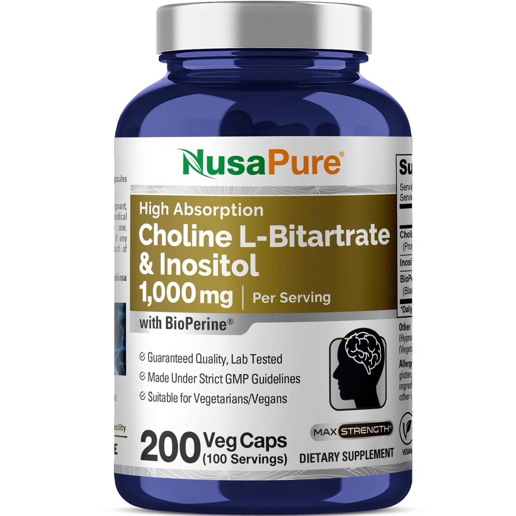NusaPure Choline & Inositol 1000mg - 200 Veggie Caps (100% Vegetarian,非GMO) 生物素
