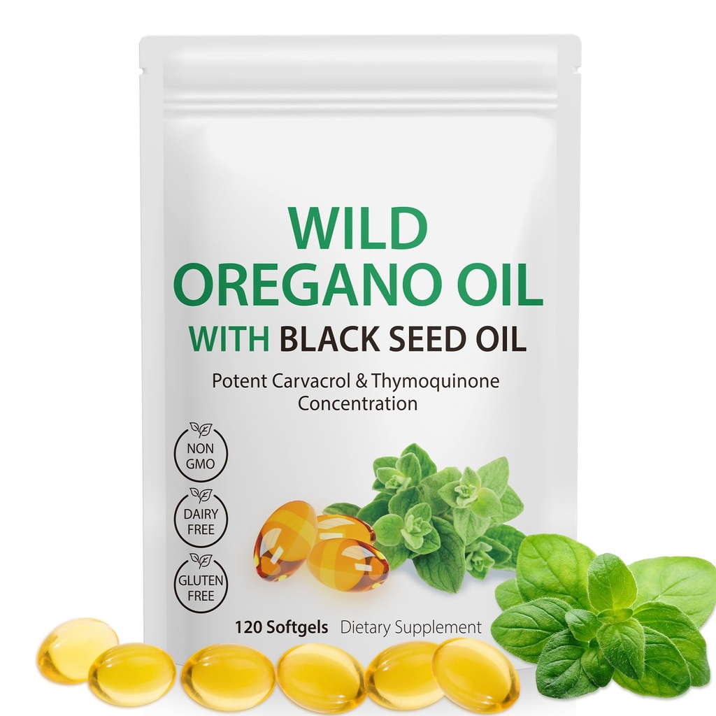 Oil of Oregano with Black Seed Oil, 6000mg Oregano Oil Capsules Organic, of Oregano Supplement Capsules, Natural Antioxidants, Non-GMO, Gluten Free, 120 Softgels