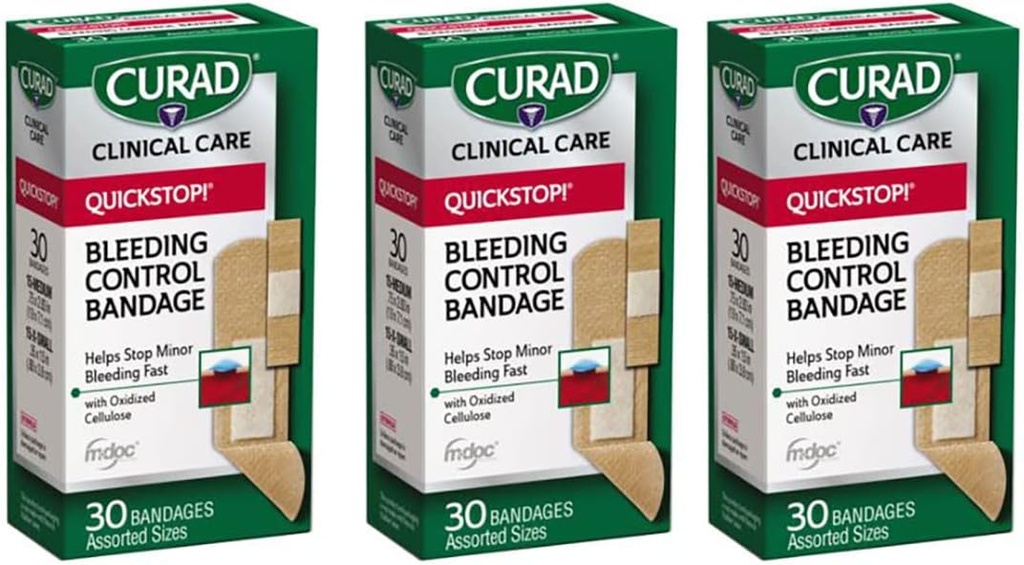 Curad Quickstop Flex-Fabric Bandages, Quickstop bleeding Control Technology, 各种大小, 30 Counts (Pack of 3) 30 Counters (Pack of 3) 互联网档案馆的存檔,存档日期2007-03-02.