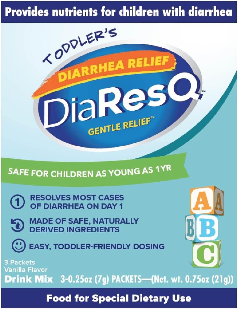 DiaResQ 腹泻和免疫支持托德勒斯(一年以上)饮料混合物包,3,Gentle Relief,帮助恢复正常的肠道功能,抗生素和无药,Gluten Free,Vanilla Flavor