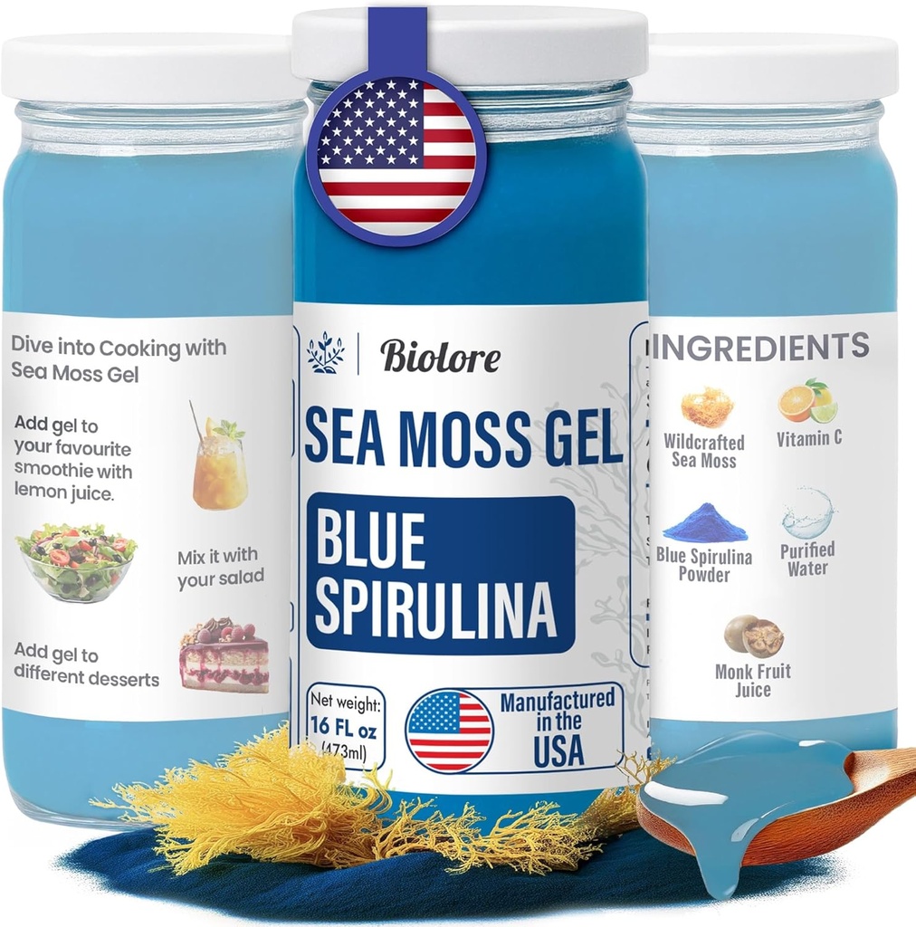 野生海 Moss Gel - Blue Spiruina 16 oz - 含基本维生素和追踪矿物的火焰海 Moss Gel - Vegan 超级食品 - 在美国制造,无Gluten - 无添加糖
