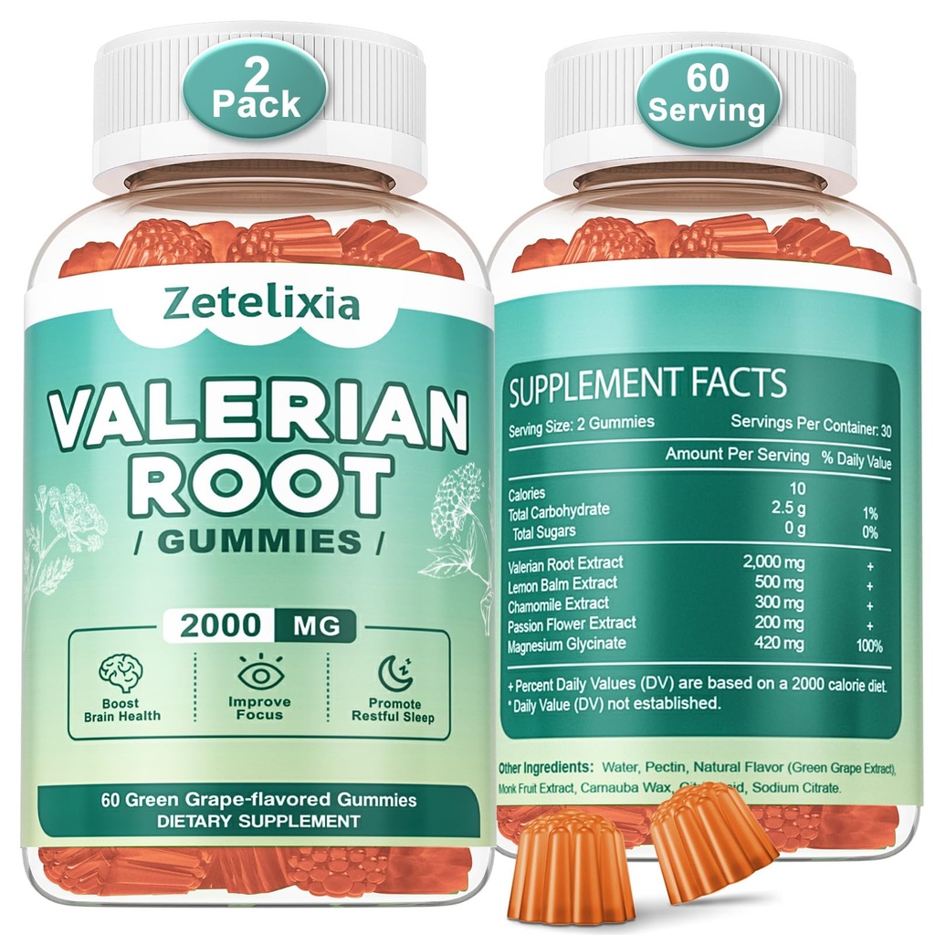 2 Pack Organical Valerian Root Gummys, Natural Calm to Help Relaxization, 草药支持补充, Melatonin Free, Non-GMO, Gluten Free, Vegan, Green Grape Flavor, 120 Counter (英语).
