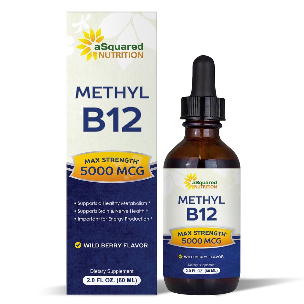 aSquare 营养 维生素 B12 亚语液体滴 - 5000 MCG 补充甲基Cobalamin(甲基B-12) - Max 吸收 B 12 增加能量 - Vegan 友好 - 2 fl oz
