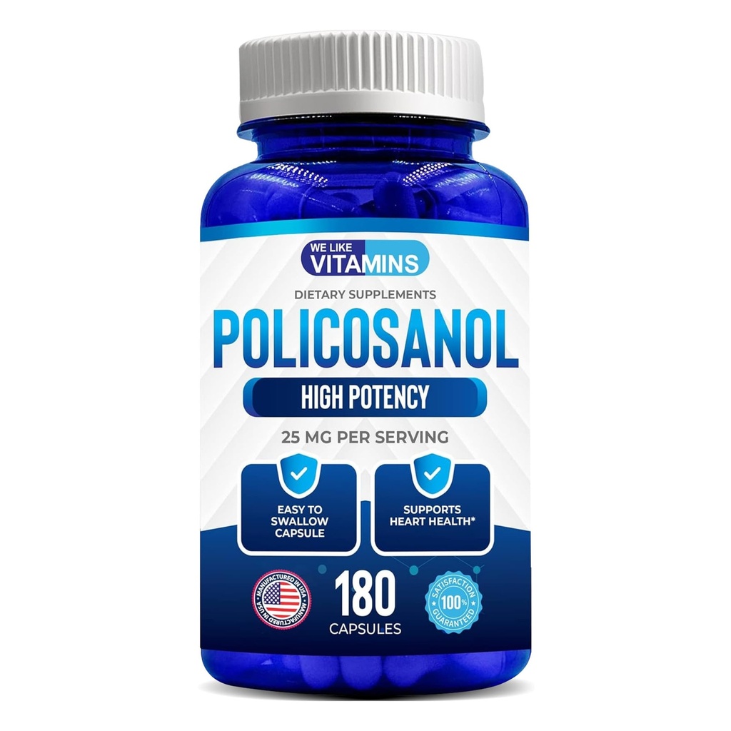 我们喜欢维生素Policosanol 25mg - 180 Capsules - Policosanol 补充剂由天然甘蔗制成 - 非GMO和无胶质
