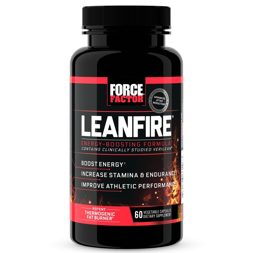 FORCE FACTOR LeanFire Pre Workingout Energy Pills with Green Tea Extract and Cafeine to energy, Building Lean Muscle, Black, 60 counts (Pack of 1), pack May Vary 软件包