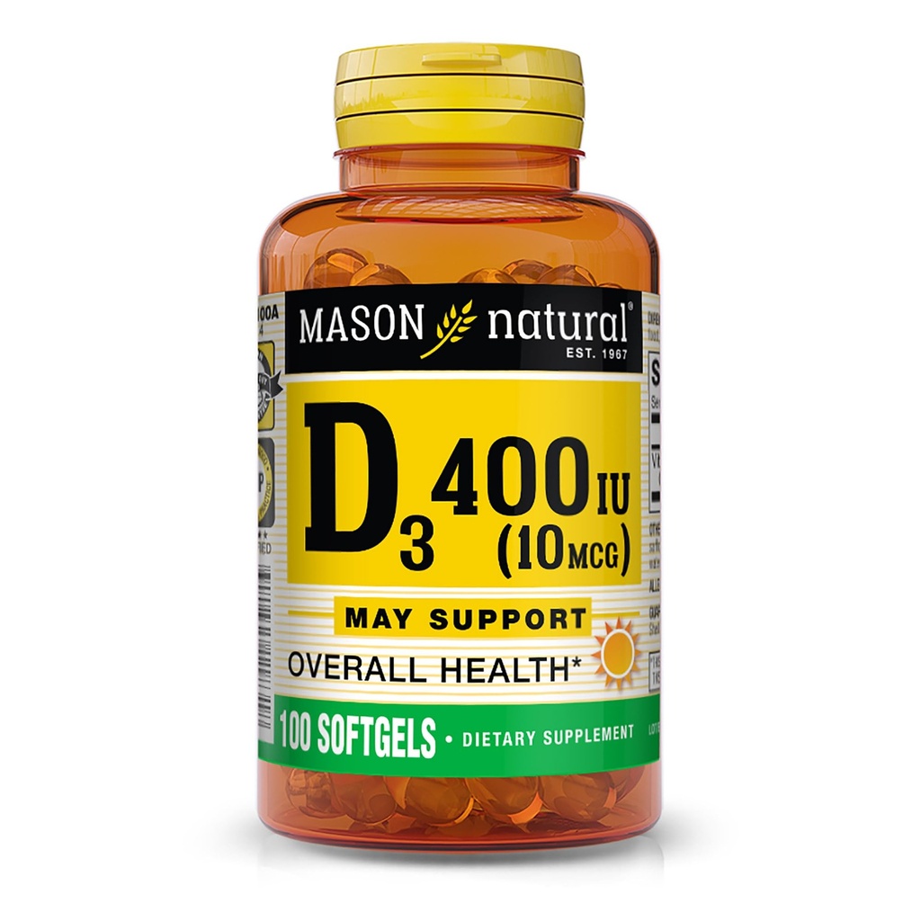 MASON 天然维生素D3 10 mcg(400 IU) - 支持整体健康,加强骨骼和肌肉,100软胶