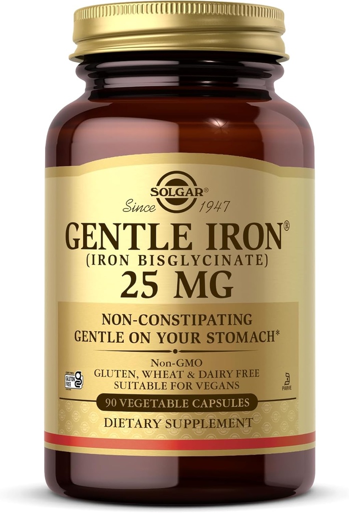 Solgar Gentle Iron (Iron Bisglycinate) 25毫克 - 90 蔬菜夹层 - 非便秘, 温柔在胃上 - Gluten Free - 90 services