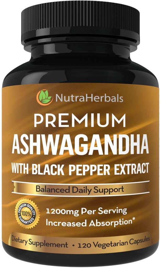 Ashwagandha 配有 Premium Ashwaganda 根粉 配有黑色胡椒提取器的1200mg 增吸 - 120 Vegi Capsules