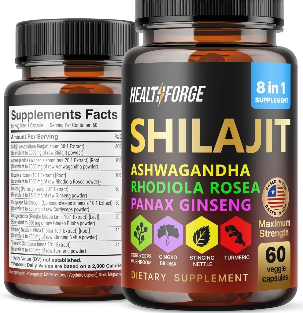 Shilajit Capsules 有机提取 混合 60 男用和女用 Capsules - Shilajit 补编 9000 mg Ashwagandha, 免疫支持补编 2000 mg Rhodiola 补编 Ginko Ginkgo Biloba