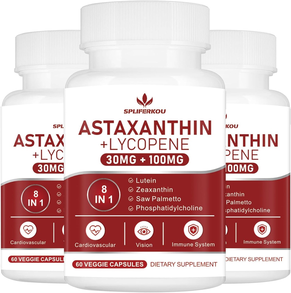 Astaxanthin和Lycopene 70mg,Astaxanthin 配磷酸盐、Lutein和Zeaxanthin,强抗氧化剂补充剂(180 Capsules)