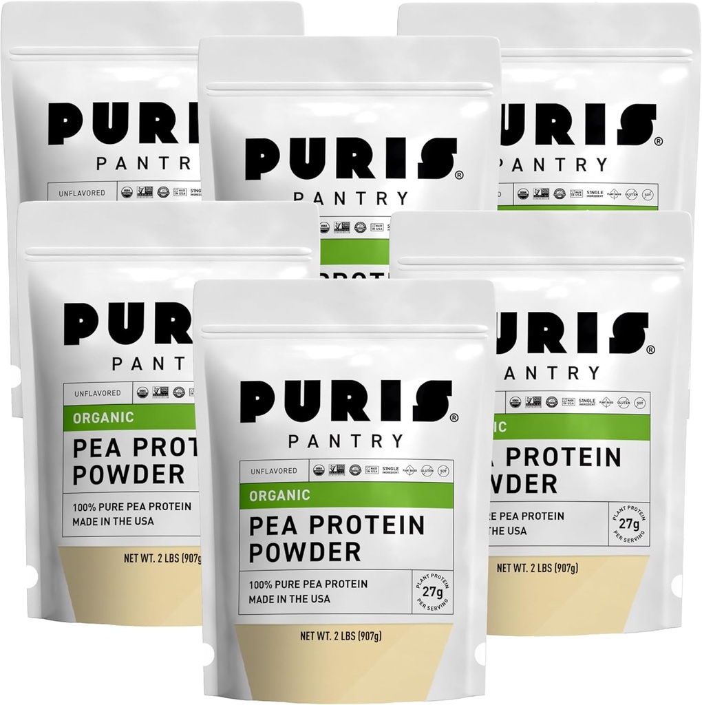 PURIS 有机豆蛋白粉 – USDA 有机蛋白 → 27g 植物蛋白 Protein Pervice → Non-GMO Gluten-Free Soy-Free → 清洁标签 → 光滑味 → 2 lb(6 pack)
