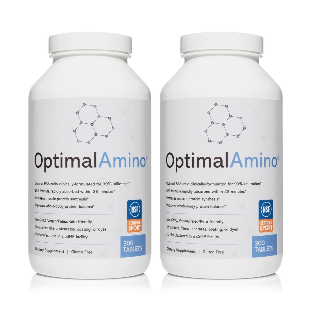 OptimalAmino Tablets Fitness Bundle (600 Count) | 99% Utilized Essential Amino Acids (EAA) Supplement | Increase Muscle Recovery, BCAA Protein Pre/Post Workout, NSF Certified for Sport® Certified