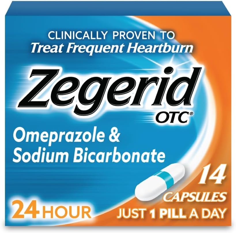 Zegerid OTC 24 Hour Heartburn Relief, 唯一带有 Omeprazole 20 mg + 碳酸钠的质子泵抑制器, 治疗频繁的 Heartburn, 14ct Capsules