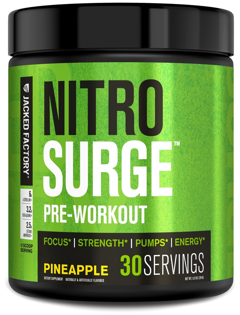 Jacked Factory NITRSURGE Pre Workingout Supplement - 无尽能源,即时强力增益,清晰焦点,强力泵 - NO Boster & Powerful Preworkout 能源粉 - 30 services, Pineapple