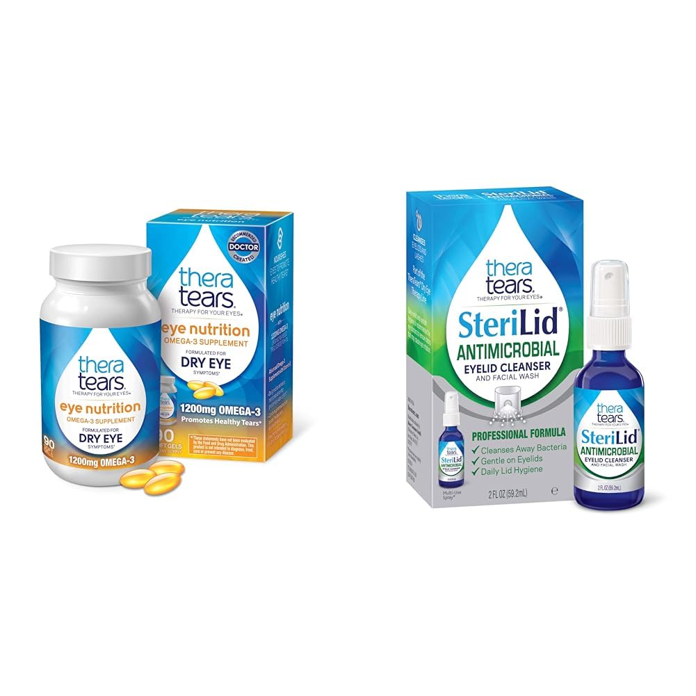 TheraTears Omega 3 Supplement, 1200mg, 90 ct (Pack of 1) & SteriLid Eyelid Cleanser and Face Wash, for Irritated Eyes, 2 fl oz Spray