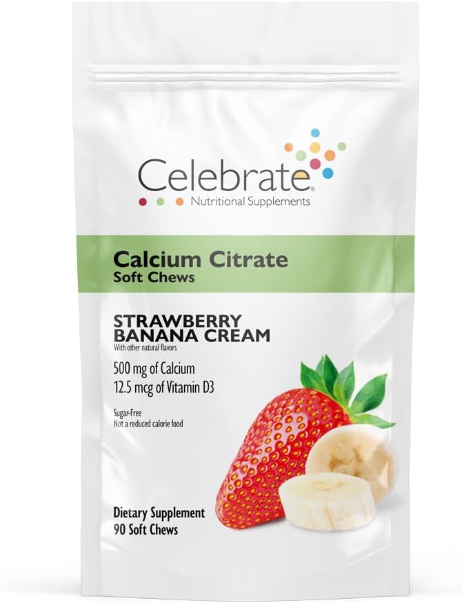 庆祝维生素Bariatric 500 mg 钙 Citrate 软果菜,配有500 IU 维生素D3 – 胃旁通病人和骨健康必需 – 糖和葡萄糖免费,草莓香蕉奶油(90 Chews)