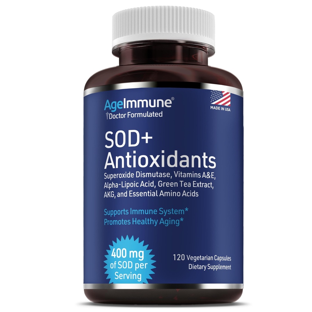 SOD 抗氧化剂复合型健康衰老补充剂 - 400毫克超氧化物废渣 - Alpha Lipoic Acid - Green Tea 提取剂 - L-Arginine - Lysine - AKG - 维生素A和E用于免疫支持 - 120 Capsules