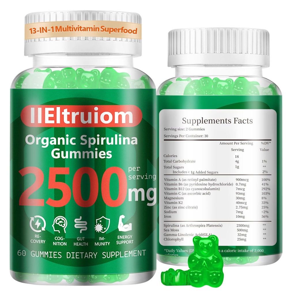 有机蓝螺旋藻(Chlorulina Gummys),13-in-1超级绿地和超级食品,Spirulina 2500mg 增强日能源与海蚊,氯phy,GLA,Gluten Free,60 Vegan Gummys
