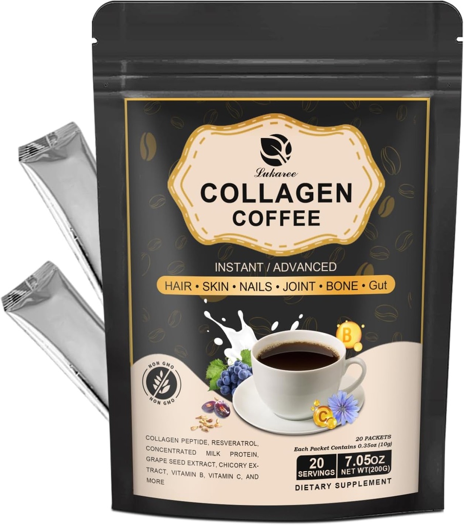 配有维生素B7,B9的Lukaree Collagen咖啡 配有Reseratrol的Instant Collagen Peptide Powder,配有维生素C,卡诺西因换发,皮,直肠,骨头