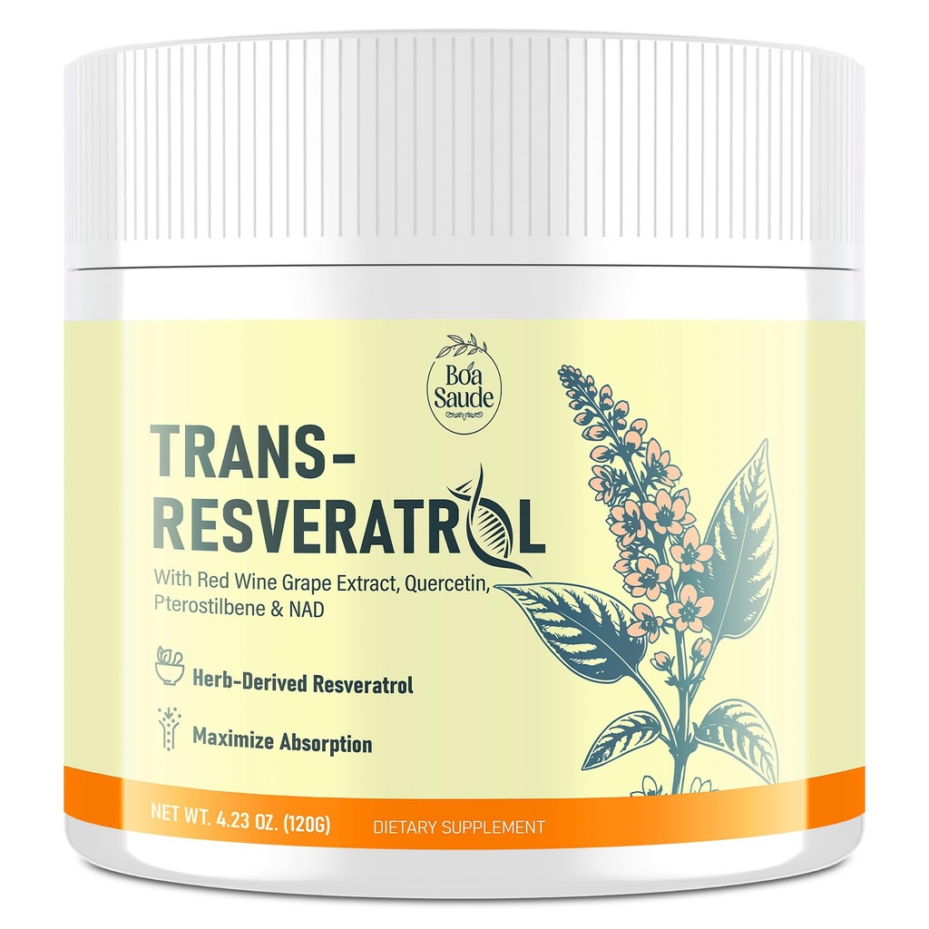 Trans-Resveratrol 粉末补充剂 红葡萄酒提取剂 Quercetin, Pterostilbene & NAD, 4.23 OZ, 30天供应