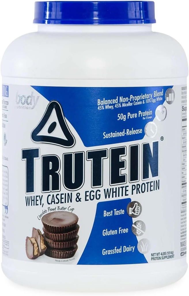 肉类营养 特鲁特因高蛋白粉:45% Whey,45% Casein,10% Egg White蛋白质 Shake Mix, Gluten-Free, Low Sodium, 低卡布蛋白 男女补充,巧克力花生酱,4lb