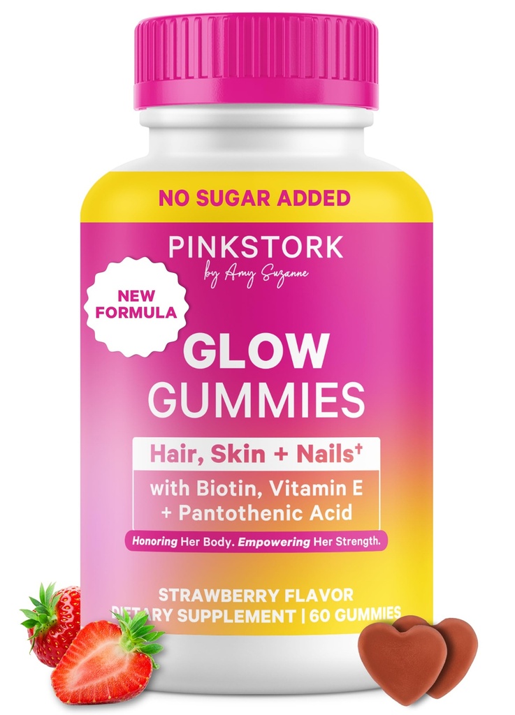 Pink Stork Total Glow Gummys for Women – Hair, Skin & Nails Vitamin with Biotin, Vitamin A, B6, B12, Folate, Zinc & More – 支持拉迪安特皮肤, 坚固的钉子, 以及健康头发 – 60 贝里果仁