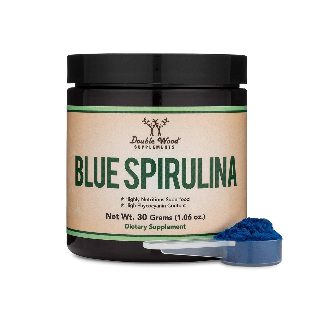 蓝螺旋藻(Blue Spirulina Powder) - 最高含量为35% Phycocyanin 含量,来自蓝绿藻的超级食品粉,混合成平滑和蛋白质饮料,植物食品配色(一个月供应),由双木制作
