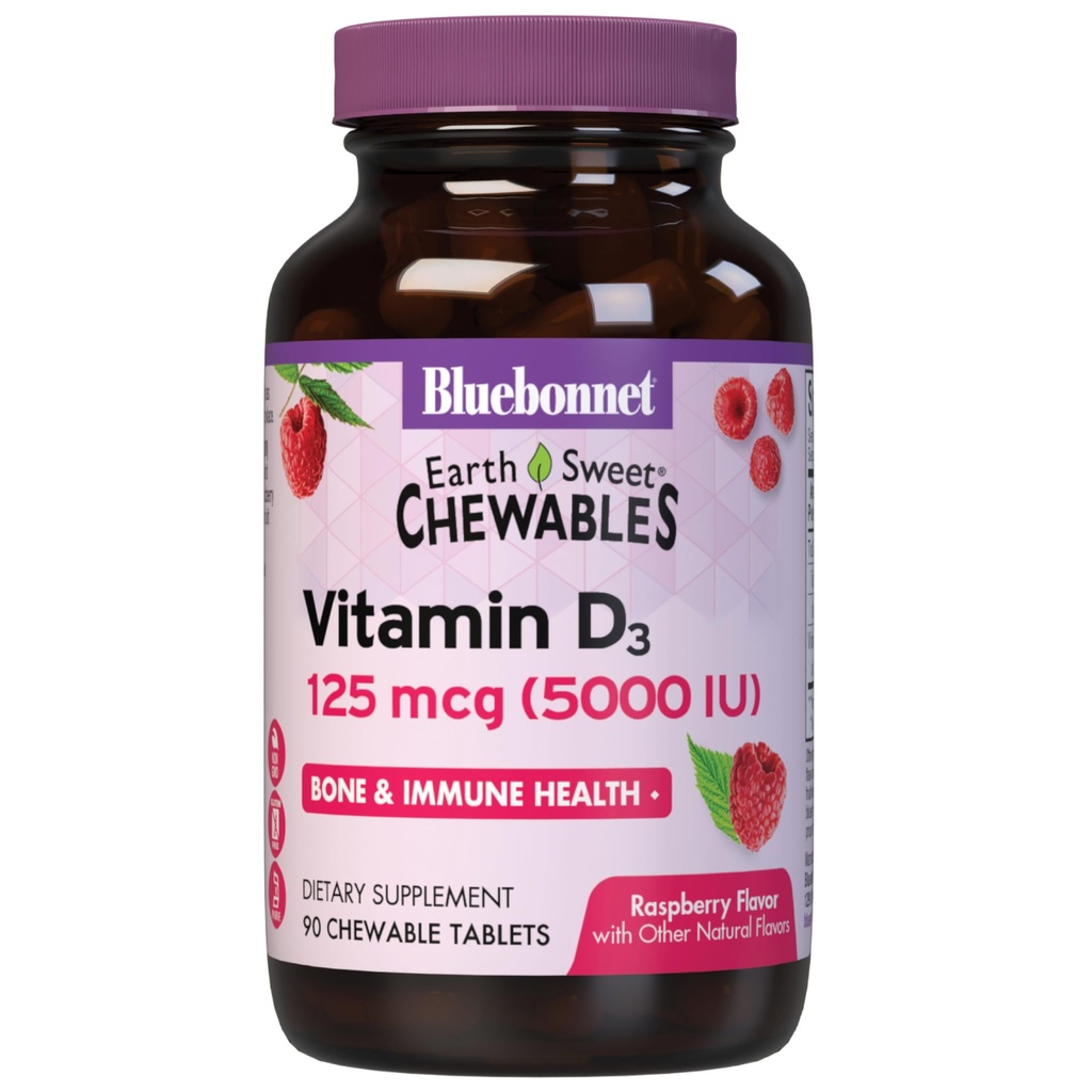 Bluebonnet 营养 地球 甜维生素 D3,5000 IU 可切片,肌肉和骨骼生长中的艾滋病,非转基因O,Gluten & Soy & Milk Free, Kosher, Raspberry, White, 90 Counter