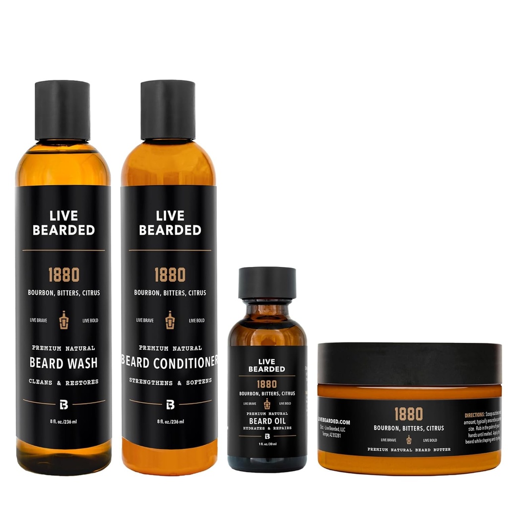 (原始内容存档于2018-09-22) (英语). Live Bearded complete Beard Grooming Kit - Wash, conditioner, Butter and Oil - 配有全自然成份的美国制造 - Mens Groom Set - 1880 Scent - Bourbon, Bitters, Citrus