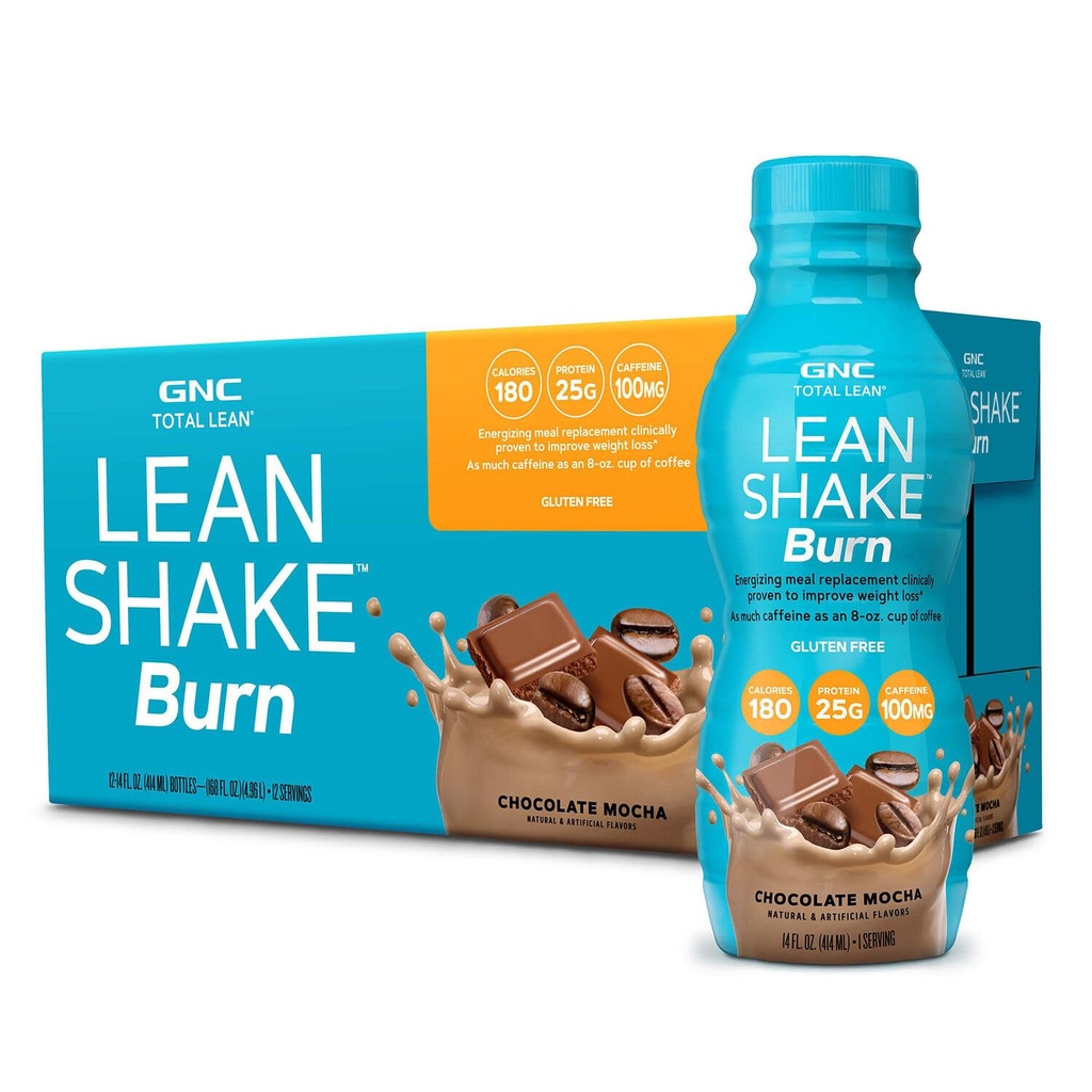 GNC Lean Shake Burning with Cafeine, Meal Explain, 巧克力莫查, 25g 蛋白质, 临床证明的重量管理, 准备饮用, 零添加糖, 14 oz瓶, 包装 12