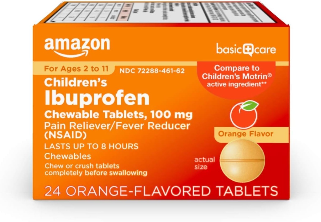 基本护理儿童Ibuprofen Chewwable药片,100毫克,止痛剂和减热剂,橙色火焰,止痛剂,止痛剂,喉痛剂,牙痛剂和头痛药,24个计数