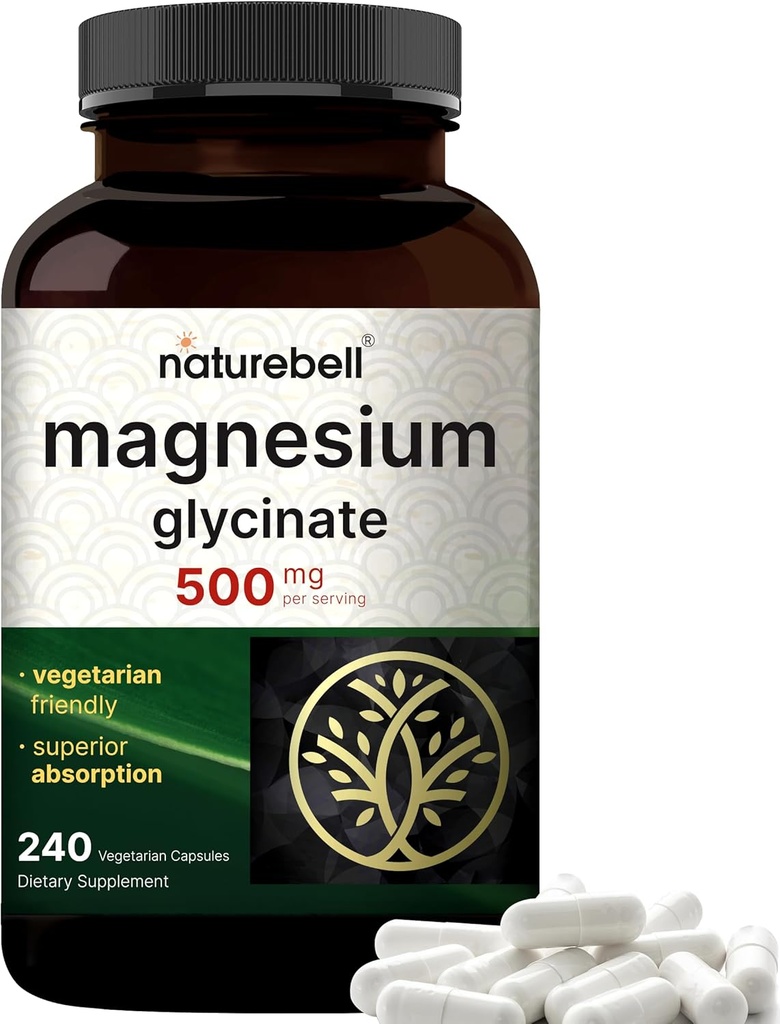 NatureBell Magnesium Glycinate 500mg, 240 Veggie Capsules 100% Chelated & Purified | 睡眠,肌肉和神经支持 | 非GMO, Gluten-Free