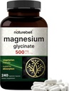 NatureBell Magnesium Glycinate 500mg, 240 Veggie Capsules 100% Chelated & Purified | 睡眠,肌肉和神经支持 | 非GMO, Gluten-Free