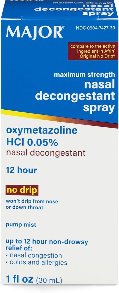 主要JOR 最大强度的鼻腔消毒剂喷雾剂, Oxymetazoline HCl 0.05% 泵雾剂,非凹陷性鼻腔消毒剂喷雾剂,最多12小时的鼻腔消毒剂,冷药和过敏剂 1 Fl. Oz. (1-Pack)