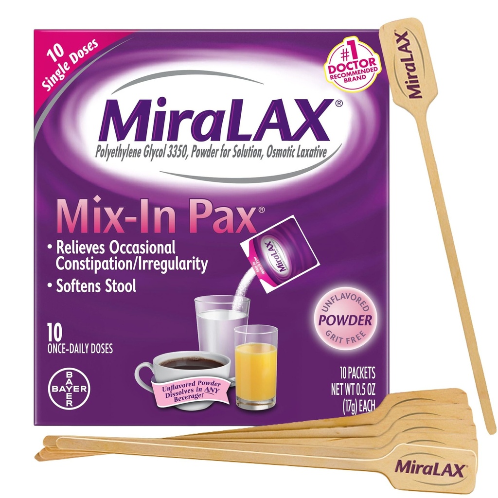 MiraLAX Gentle Centle Captiation Relief Laxative Power, 使用PEG 3350的工具软化器, 无 Harsh 侧边效应, 单剂量混合- 与混音 Stirrers, 旅行包, 10 剂量