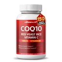 COQ10 + 红酵母大米补充剂 - 10in-1 天然混合剂与Omega 3 维生素 B3, K2, D3, 锌奶 硝酸盐 黑辣椒 - 150 计数 - 在美国制造和试验