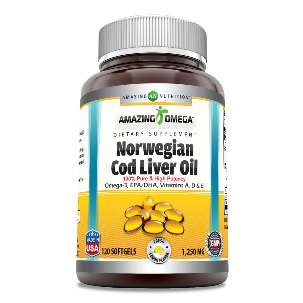 惊人的奥米加挪威鳕鱼肝油 1250 Mg Softgels Supplement QQ Omega-3, EPA, DHA, 维生素A, 维生素D & 维生素E (莱蒙 120 伯爵)