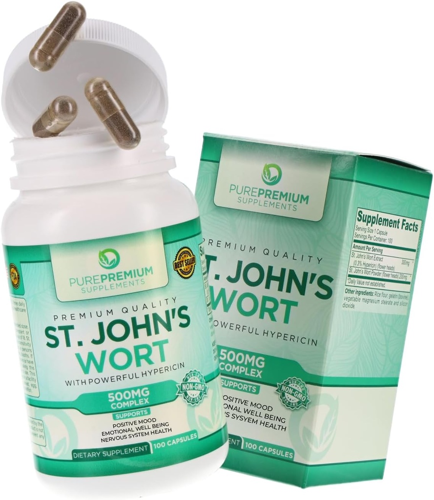 纯Premium St. Johns Wort Capsules 500mg - Mood支持补充 - 草药和自然正常应激补充 - St John Wort支持阳性 Mood for Men and Women - 3个月供应 - 100 Capsules