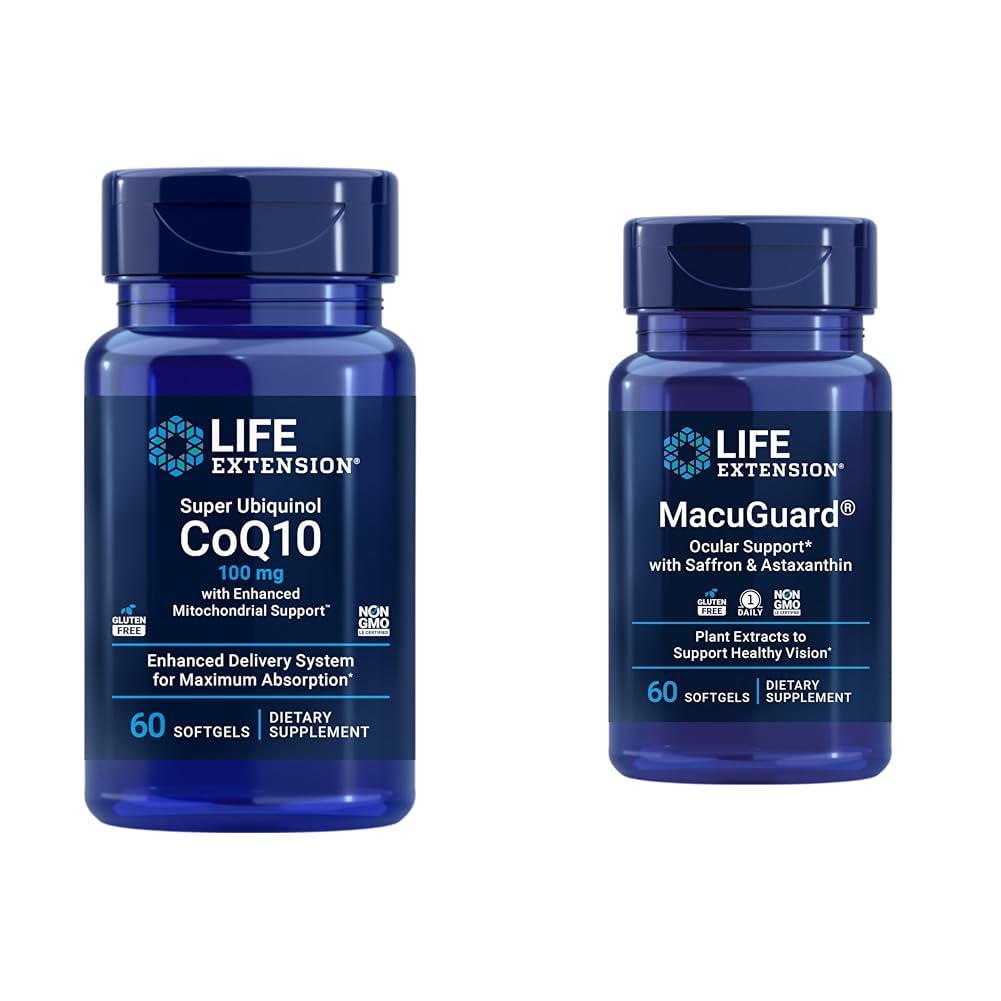 生命延伸 Super Ubiquinol CoQ10 心脏健康细胞能量 60 Softgels & Macuguard Ocular 支持 Lutein Zeaxanthin Saffron Astaxanthin Eye健康 60 计数