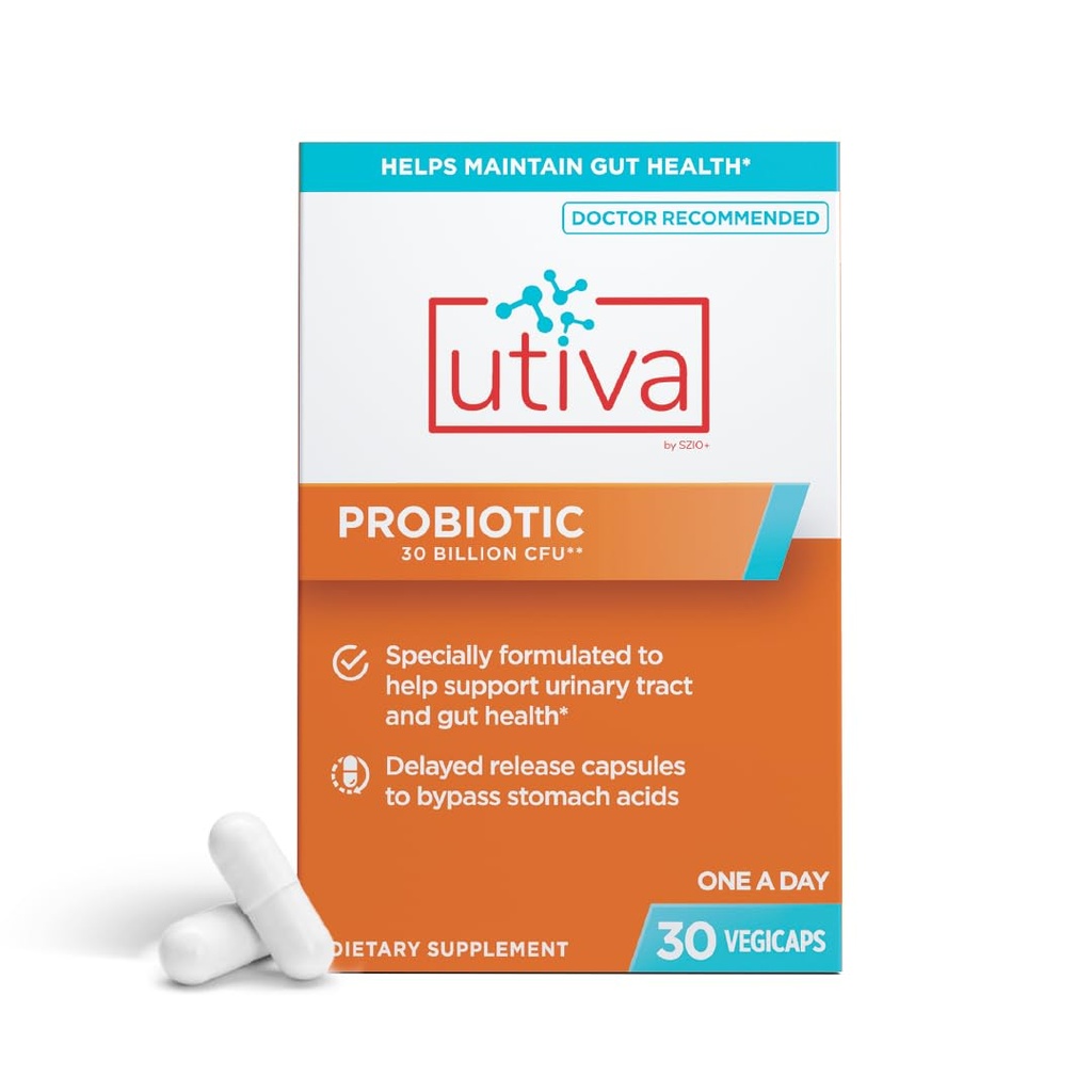 Szio+ Utiva Probiotic – Urinary Tract and Gut Health Supplement – 12亿CFU 拉科巴氏杆菌(CFU Lacocillus & Bifidobacterium) 男男女女Probiotic,30 延迟释放 Vegi Capsules