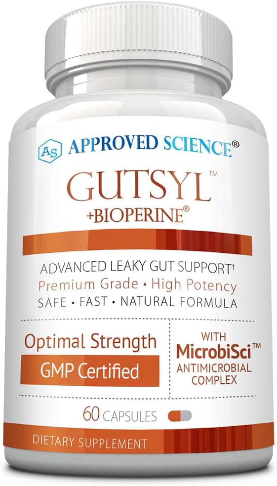 经批准的Science Gutsyl - Leaky Gut 补充剂 - 用Aloe Vera、Marshmallow Root、Licorice和Slippery Elm 保护GI Tract - 包含Prebiotic和BioPerine - 60 Capsules