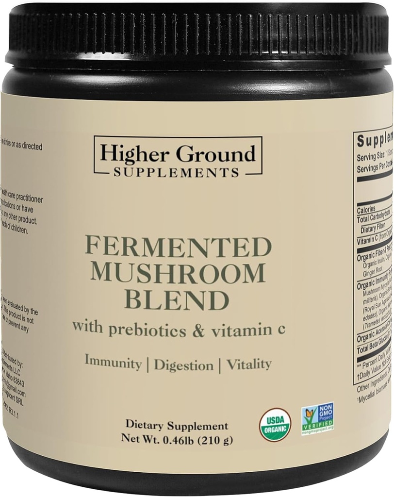 发酵的蘑菇 混合剂 6 Premium grown mushrooms + Prebiotics, Fibers, 和维生素 C 豁免 → Non-GMO → Gluten-free → 210g
