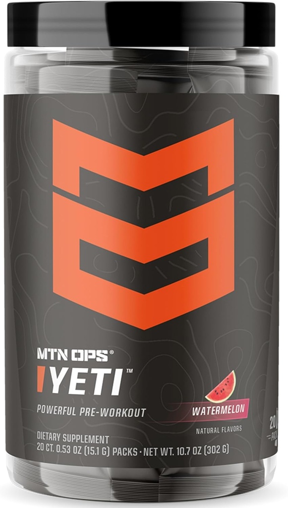 MTN OPS Yeti Trail Packs 工作前粉末能量饮料与Creatine,200mg Cafeine 和 BCAAs 与 Beta Alanine, 20 Single Services, 西瓜