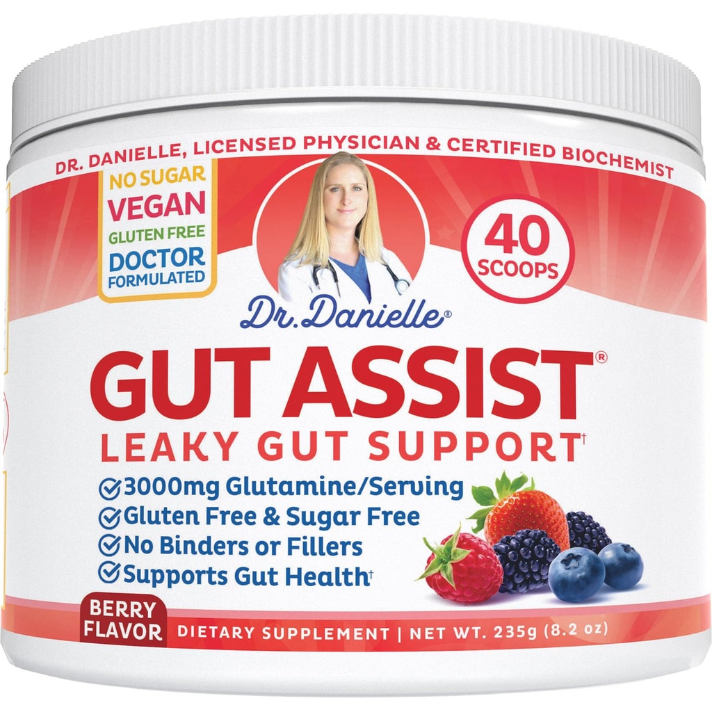 Danielle Gut Assistance医生 - 精油胶修补补粉末 - Glutamine, Arabinogalactan, Licorice Root - 支持IBS, Heartburn, Bloating, Gas, Constipation, SIBO from, Berry Flavor 的药剂和药剂