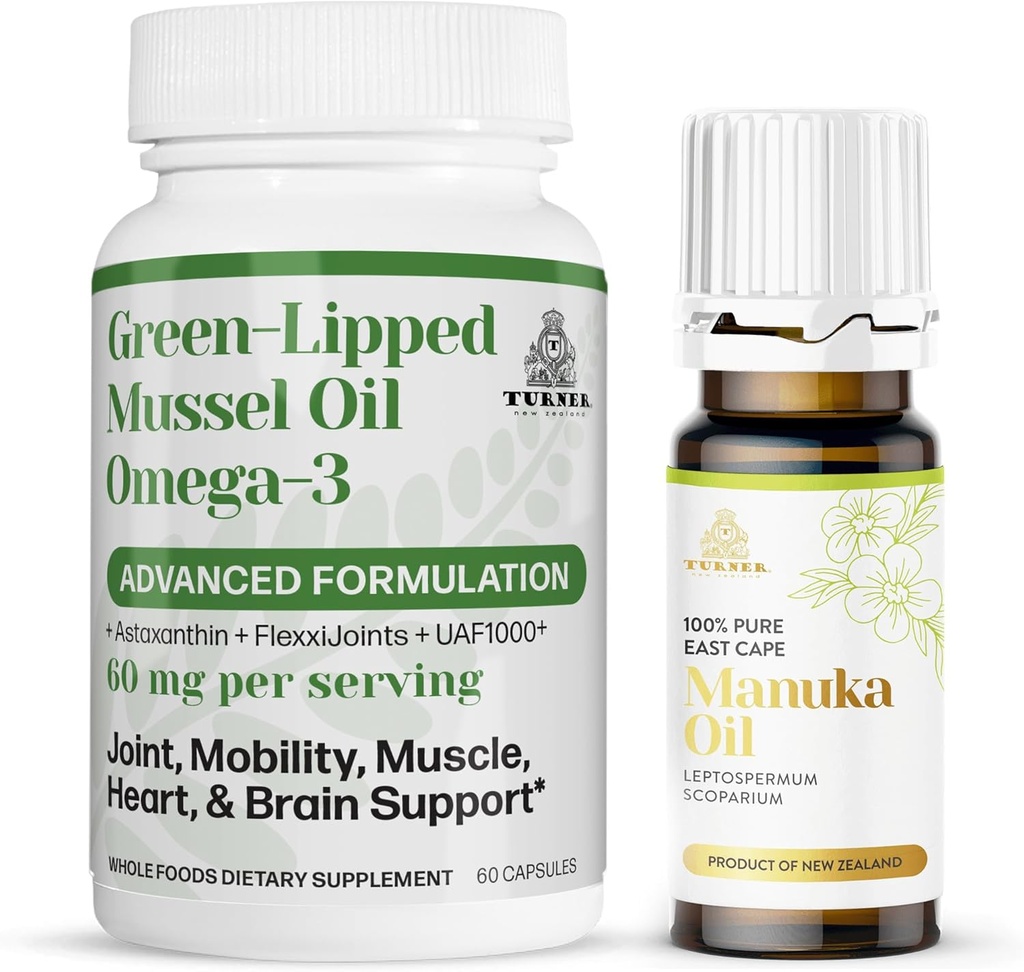 TURNER 新西兰Omega-3 Green Lipped Mussel Oil,53x 高级联合舒适和流动高级机能,无鱼味余味,1瓶,60软胶加1瓶Manuka Oil