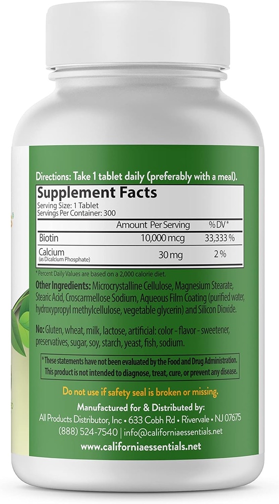 California Basitures Biotin 10000mcg 维生素B7促进健康皮肤,头发和钉子生长 – 男女高概率饮食补充 – 非GMO, Vegan, Gluten & 奶油免费(300块)