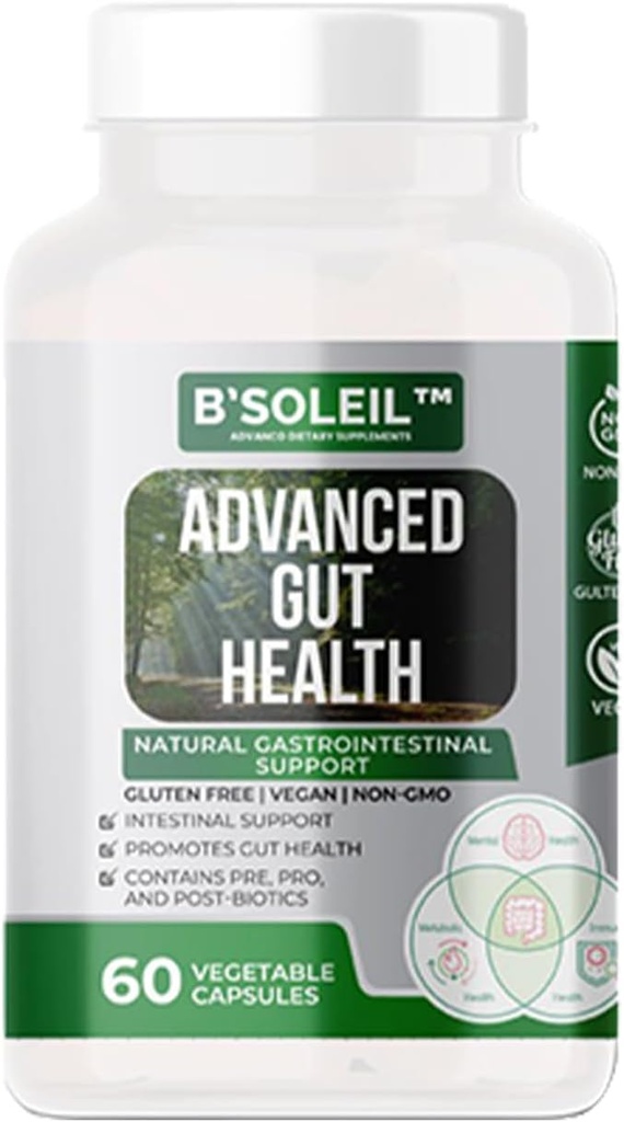 B ' SoleilTM 高级古特健康 Probiotic - Pre,Pro & Post Biotics - 天然肠胃支持 - 60 蔬菜 capsules - Gluten Free, Vegan & Non-GMO 真正的健康 Probiotics - 25亿 CMU