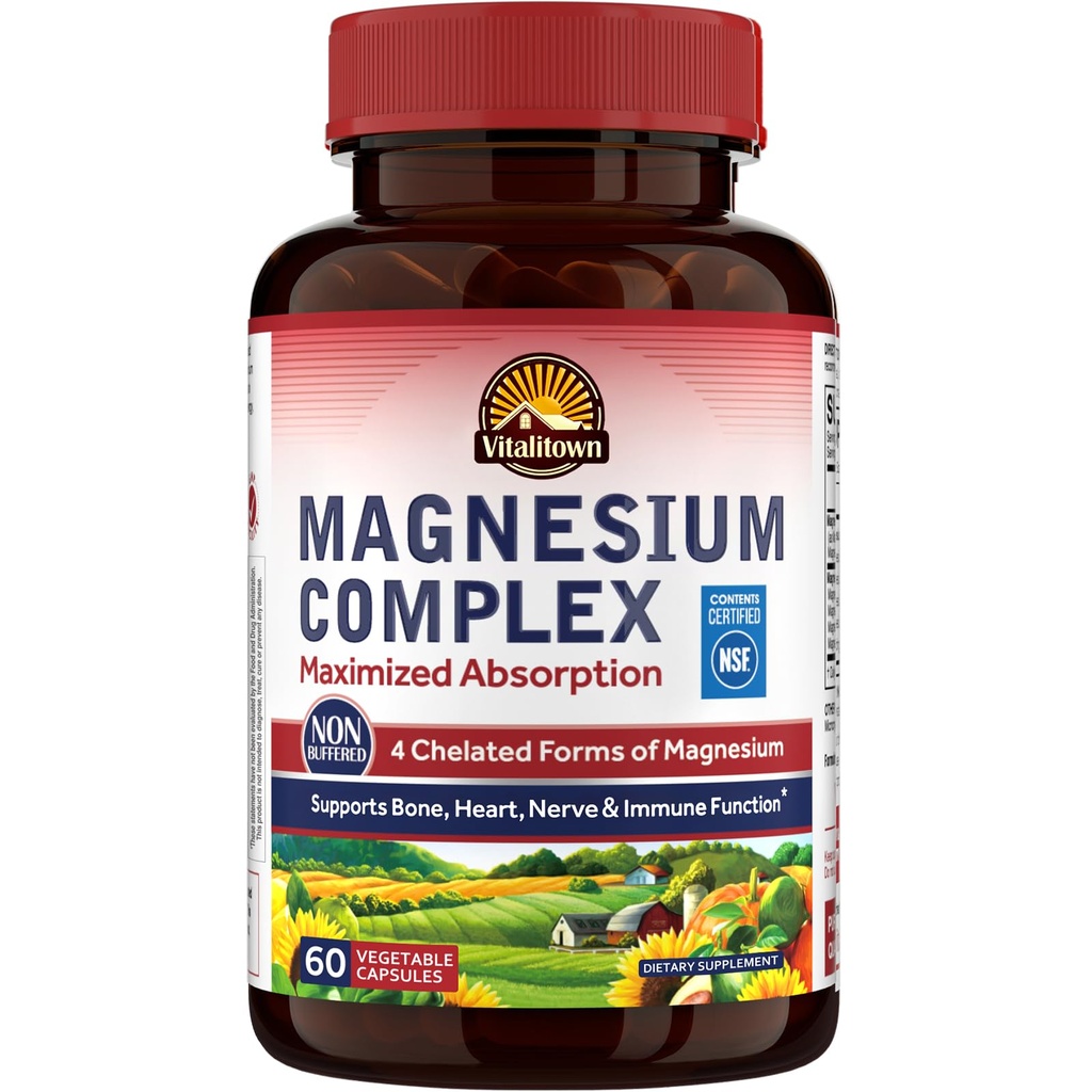 Vitalitown Magnesium Complex 500mg - 最大化吸收 NSF 认证的甘油酸化镁、马来特、陶拉特和Citrate - Vegan Non-GMO 用于睡眠、能源和心脏 60盖