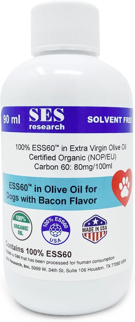 SES Research C60 for Dogs in Organic Extra Virgin Olive Oil - Pets Bacon Flavoured Antioxidant Supplement - Solvent Free - Immunity Booster - Boosts Energy & Mood - Focus - 90ML